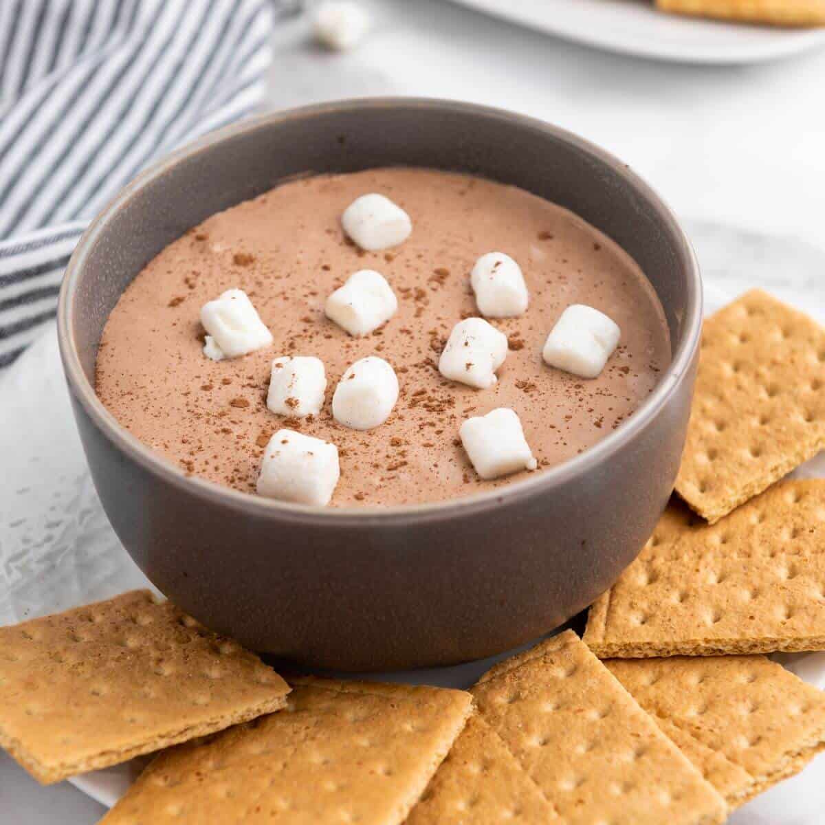 A bowl full of hot cocoa dip with grab crackers around the bowl.
