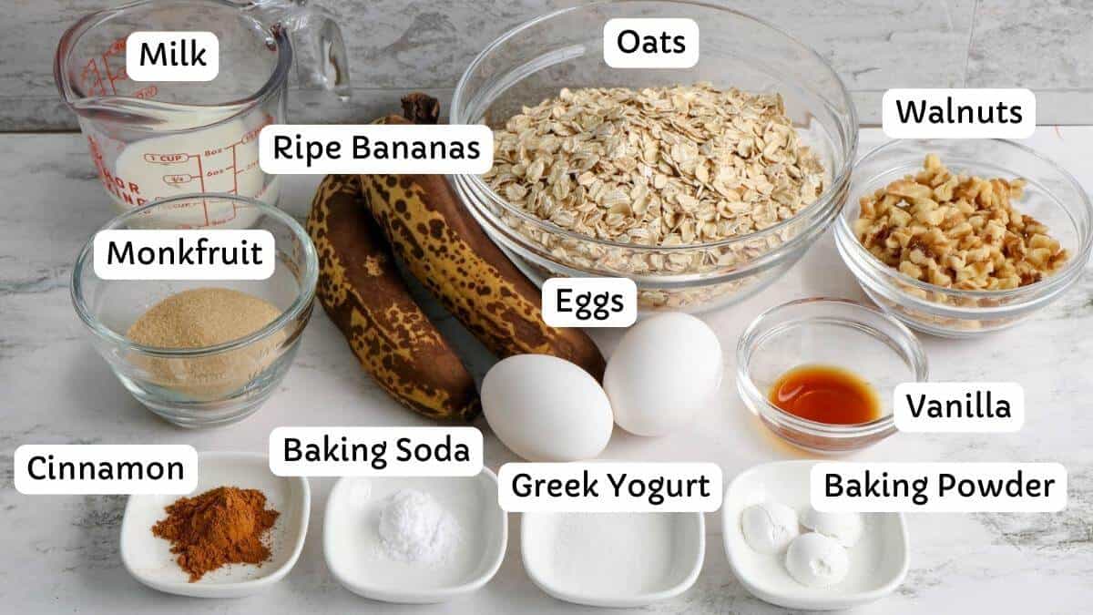 Ingredients for making banana oat muffins in small bowls.